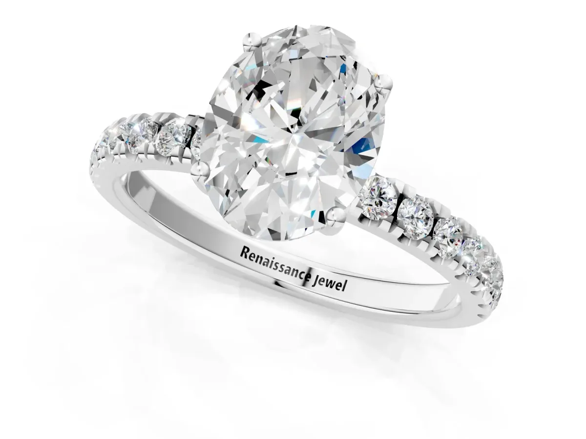 Oval Cut Diamond Pave Band Solitaire Ring with Round and Prong Setting Silver