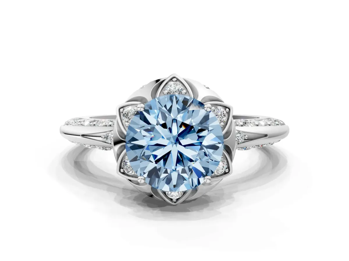 Fancy Blue Round Cut Halo Split Shank Pave Diamond Ring with Petal Prong Setting Platinum