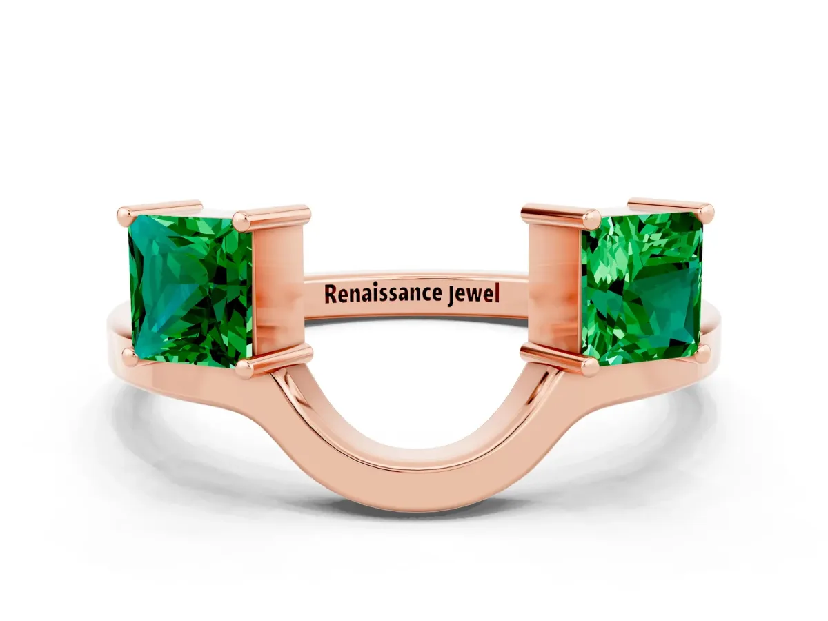 Princess Cut Emerald Two-Stone Open Band Ring with Four-Prong Setting Rose gold