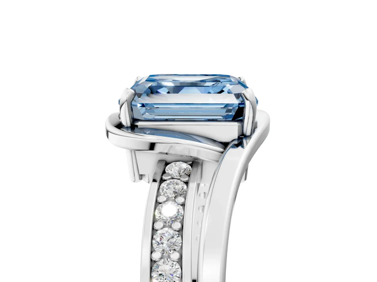 Fancy Blue Asscher Cut Diamond Solitaire Ring with Split Shank and Prong Setting Platinum