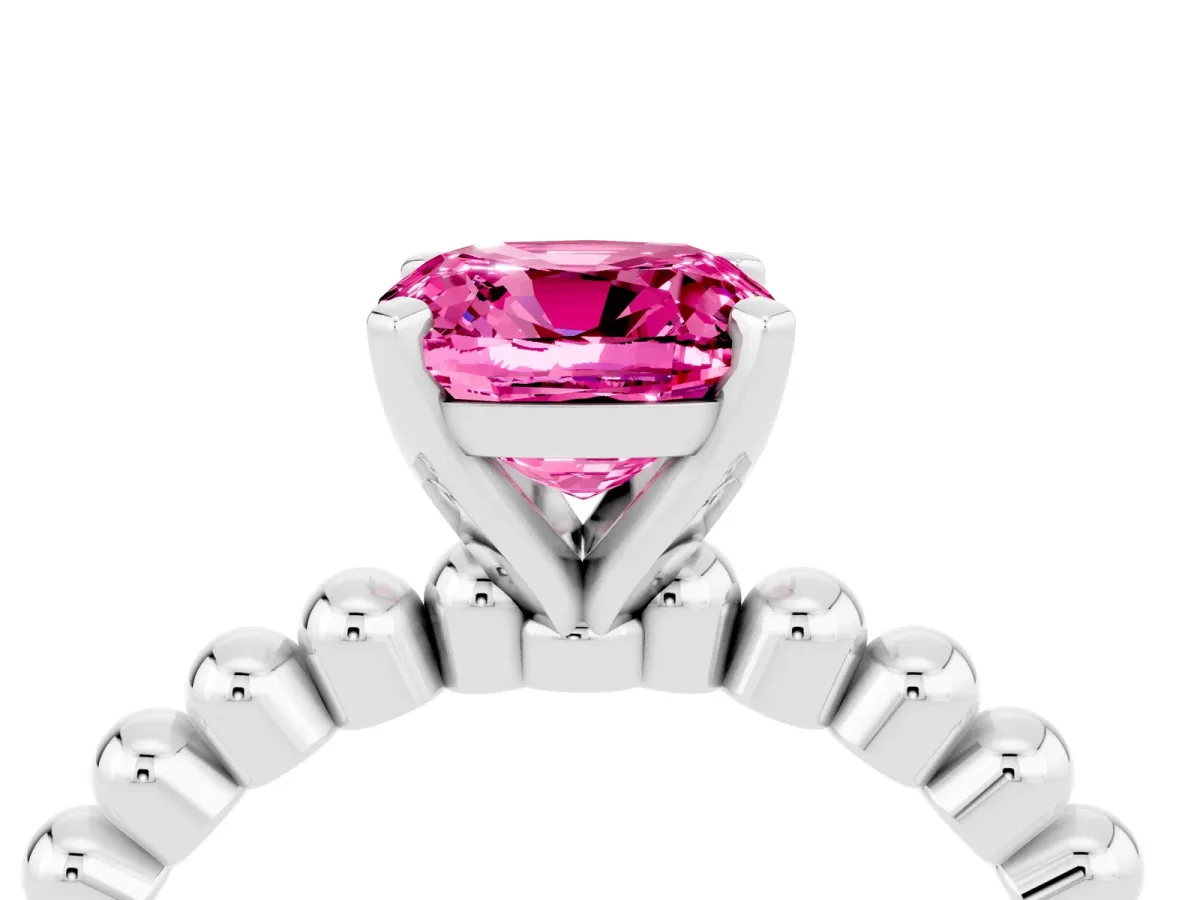 Cushion Cut Pink Sapphire Solitaire Ring with Beaded Band and Prong Setting Silver