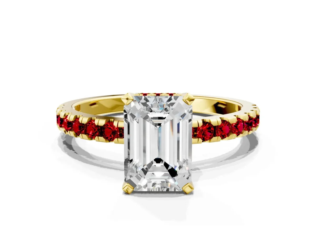 Emerald Cut Diamond Solitaire Ring with Round Ruby Pavé Band and Four-Prong Setting Yellow gold