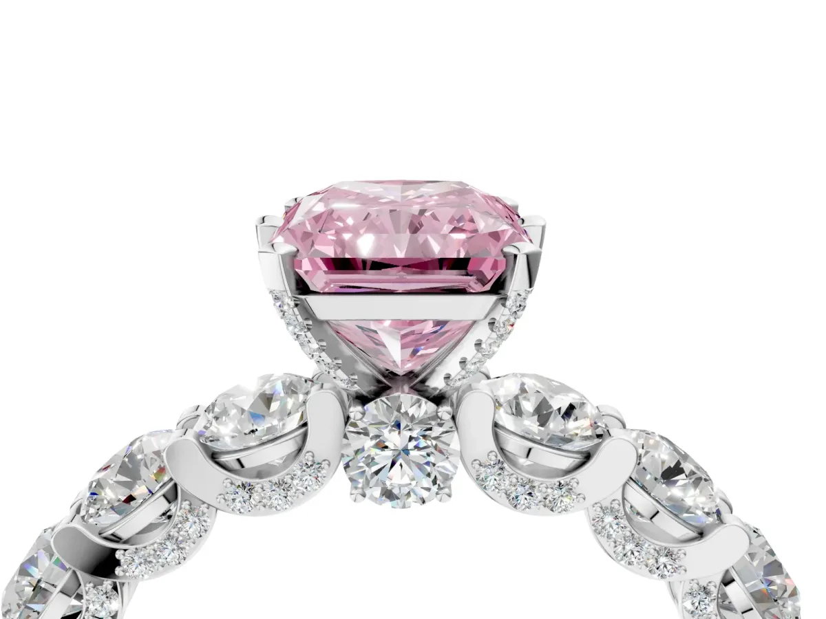 Fancy Pink Radiant Cut Diamond Side Stone Engagement Ring with Four-Prong Setting Silver