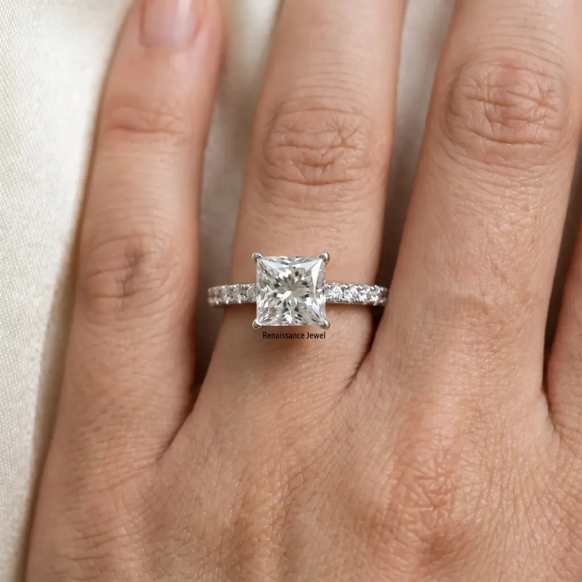Princess Cut Diamond Solitaire Pavé Band with Four-Prong Setting Silver