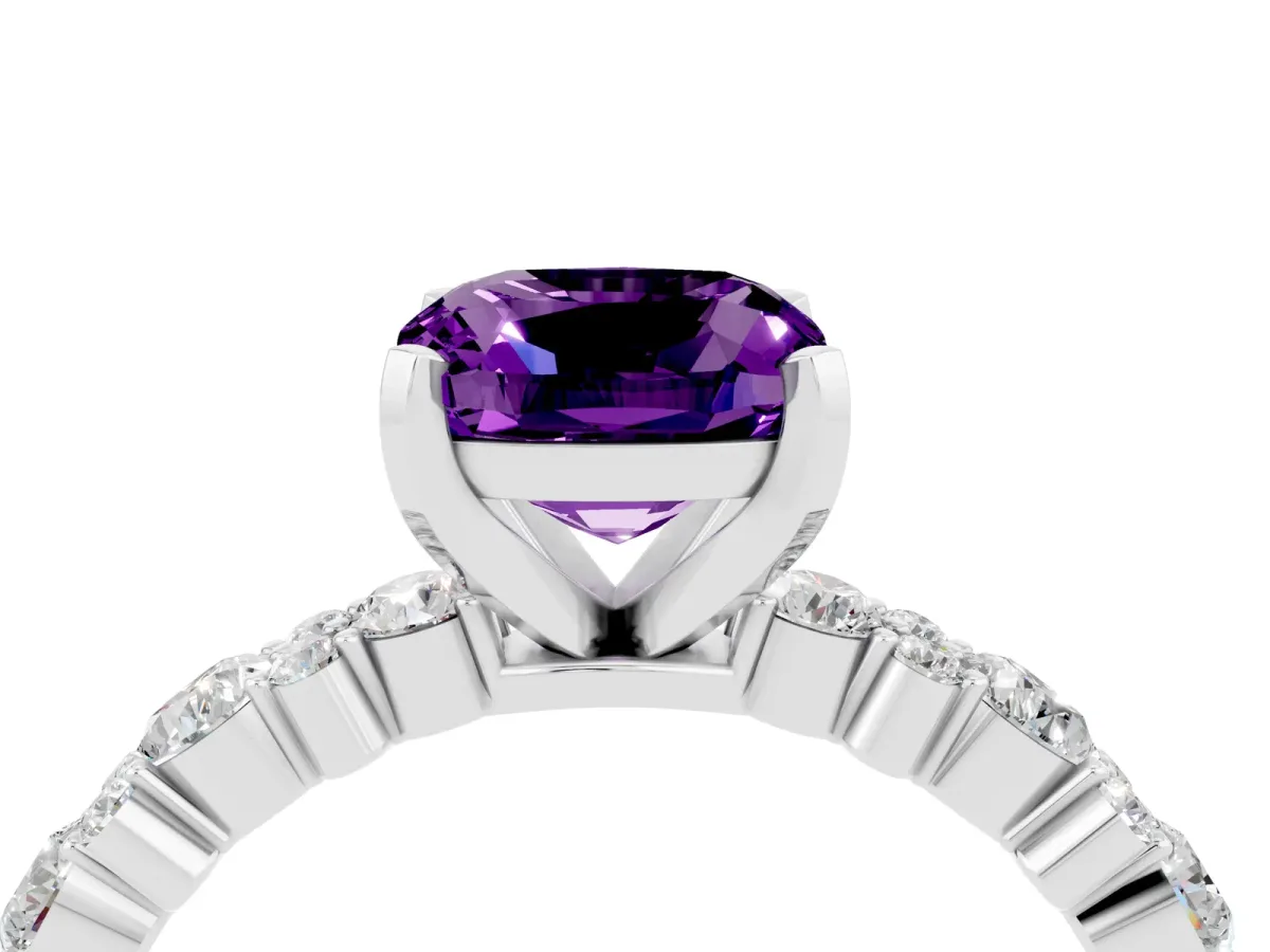 Cushion Cut Amethyst Side Stone Solitaire Ring with Round and Four-Prong Setting Platinum