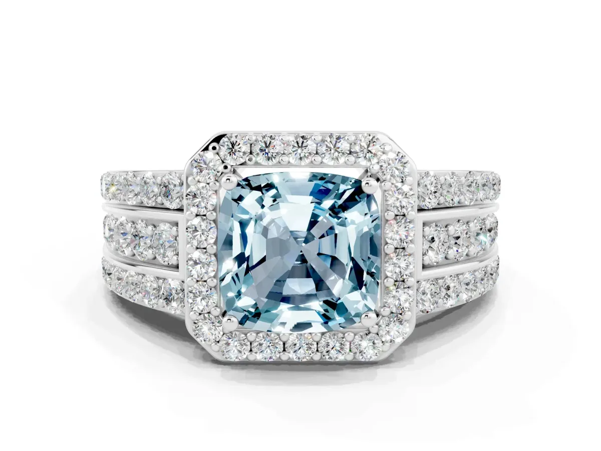 Cushion Cut Halo Aquamarine Ring with Round Split Shank and Prong Setting Silver