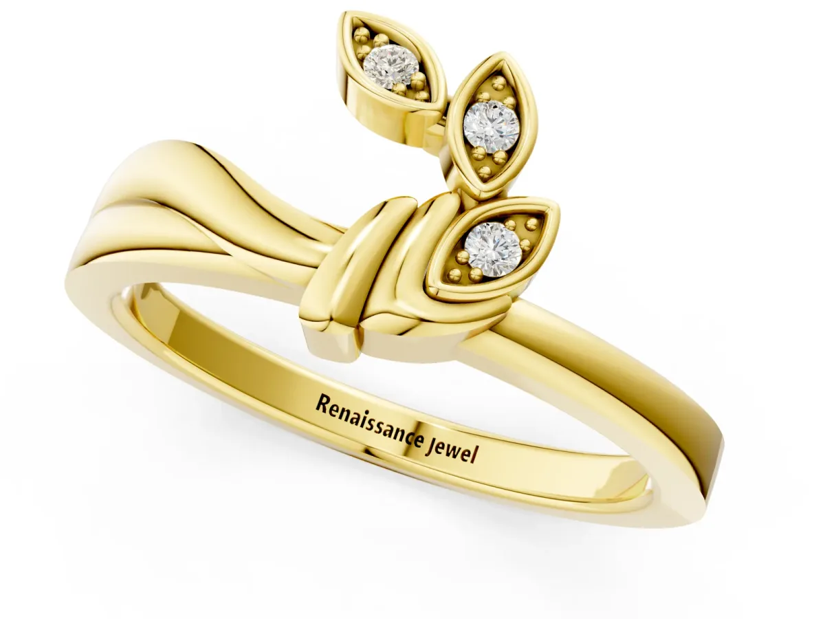 Three-Stone Round Diamond Leaf Bypass Ring with Bezel Setting Yellow gold