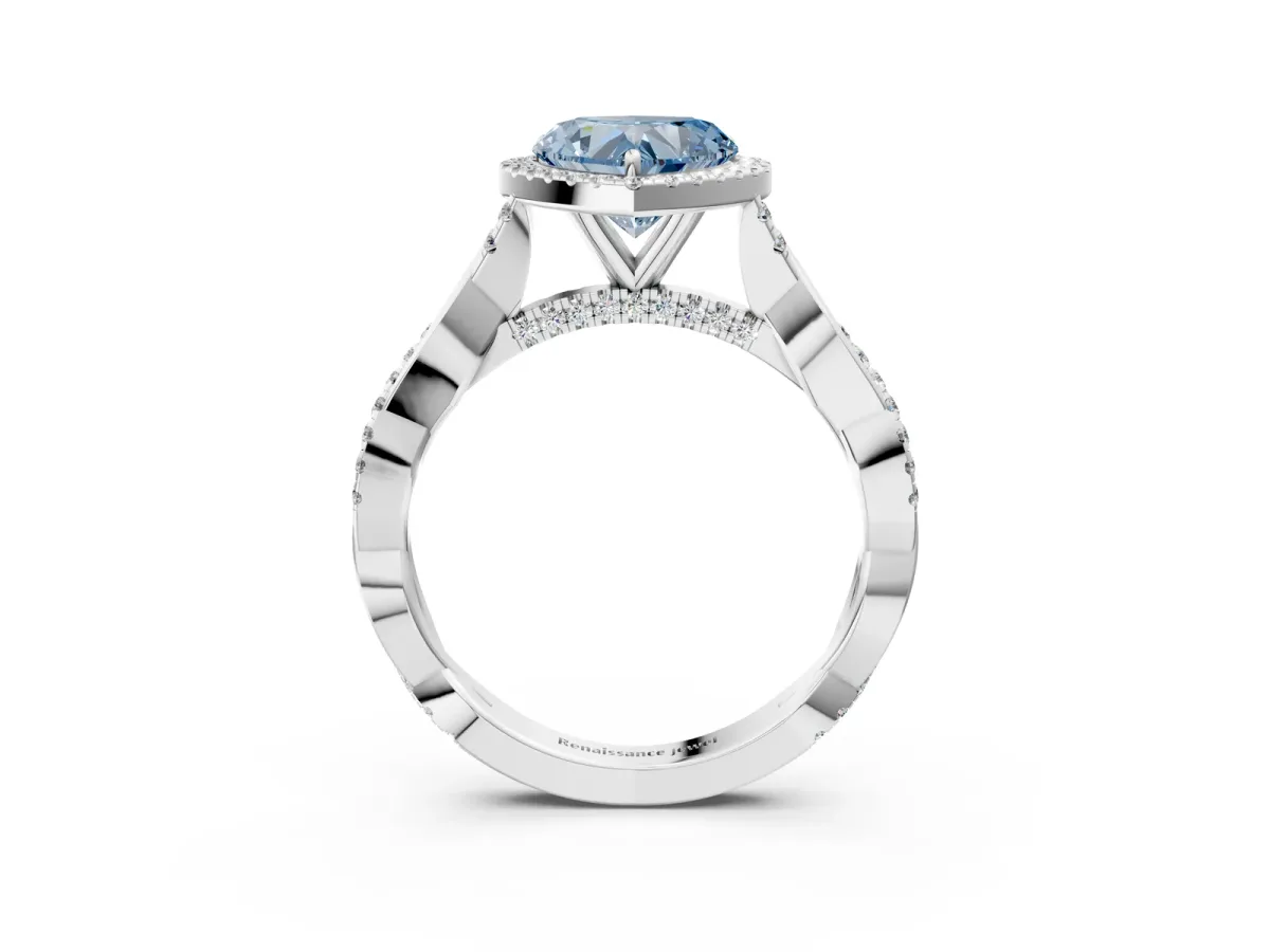 Fancy Blue Heart Cut Halo Twist Band Solitaire Ring Platinum
