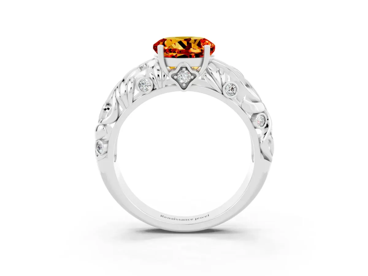 Round Cut Solitaire Citrine Leaf-Inspired Vine Band Ring with Prong Setting Silver