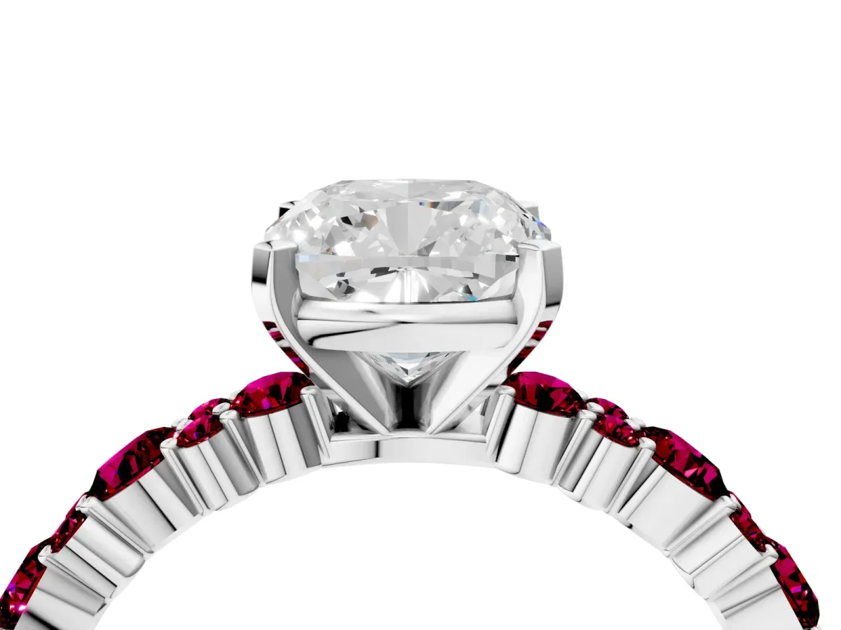 Cushion Cut Diamond Side Stone Solitaire Ring with Round Garnet and Four-Prong Setting Platinum