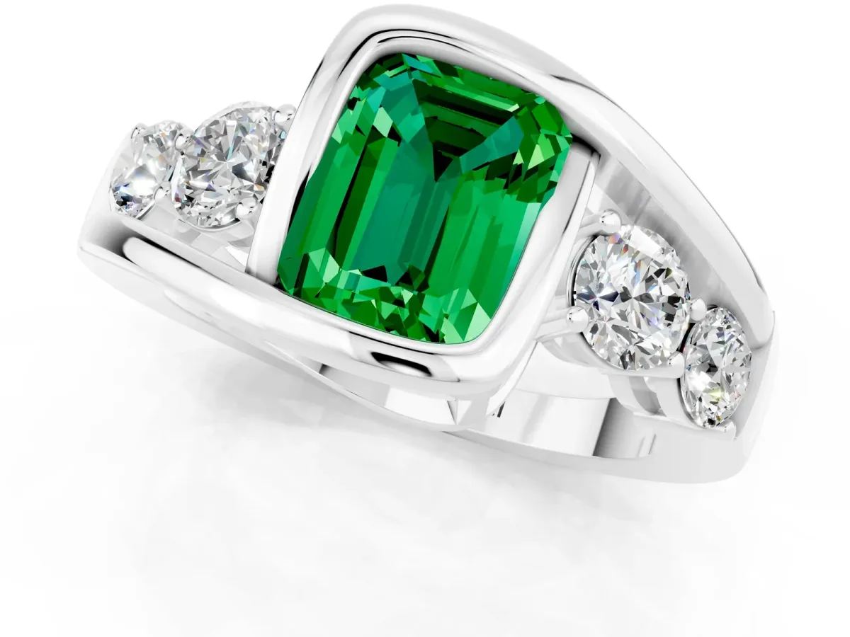 Bezel Set Emerald Cut Emerald Bypass Ring with Round Accents Silver