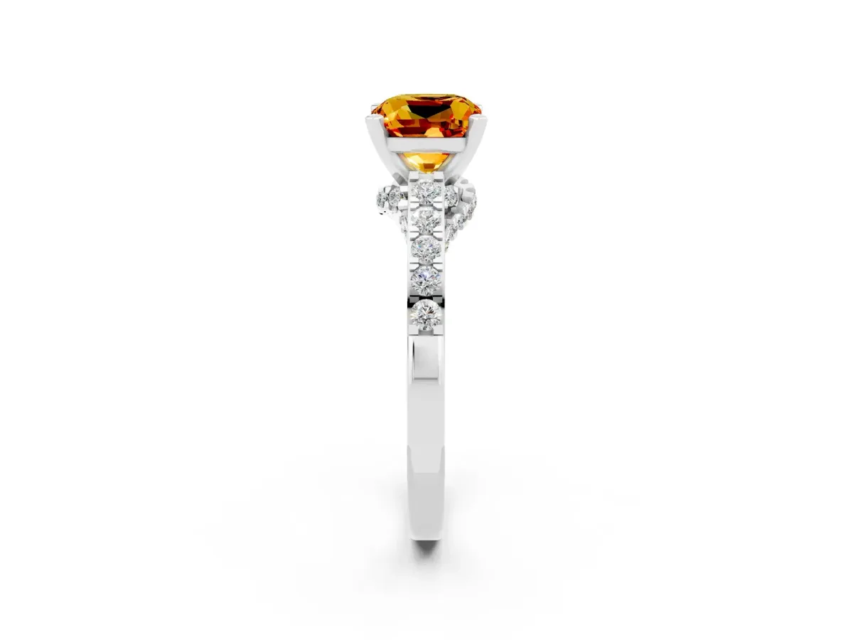 Cushion Cut Citrine Solitaire Ring with Crossover Gallery and Round Pavé Band Silver