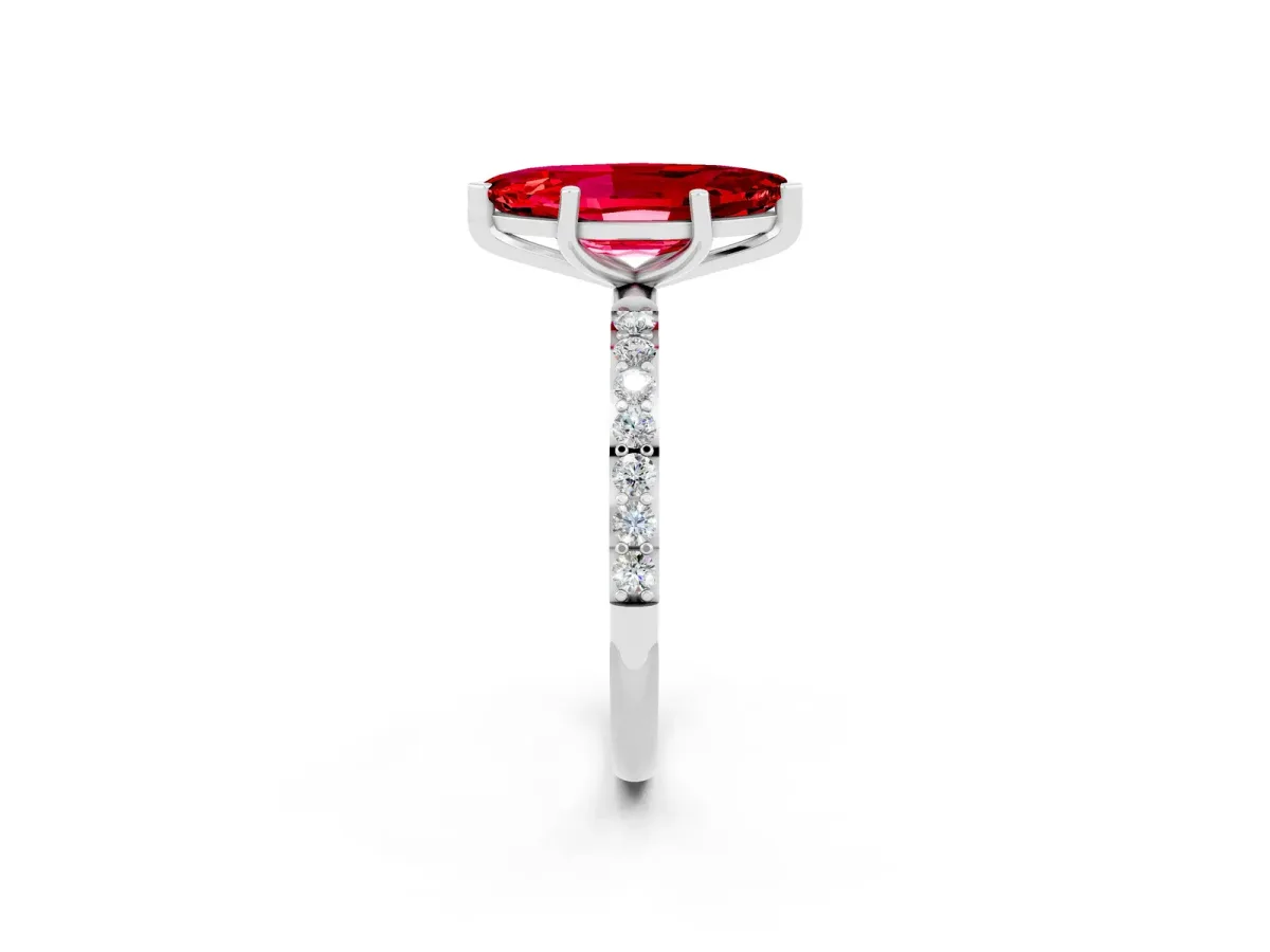 Marquise Cut Ruby Solitaire Ring with Round Pavé Band and Prong Setting Silver