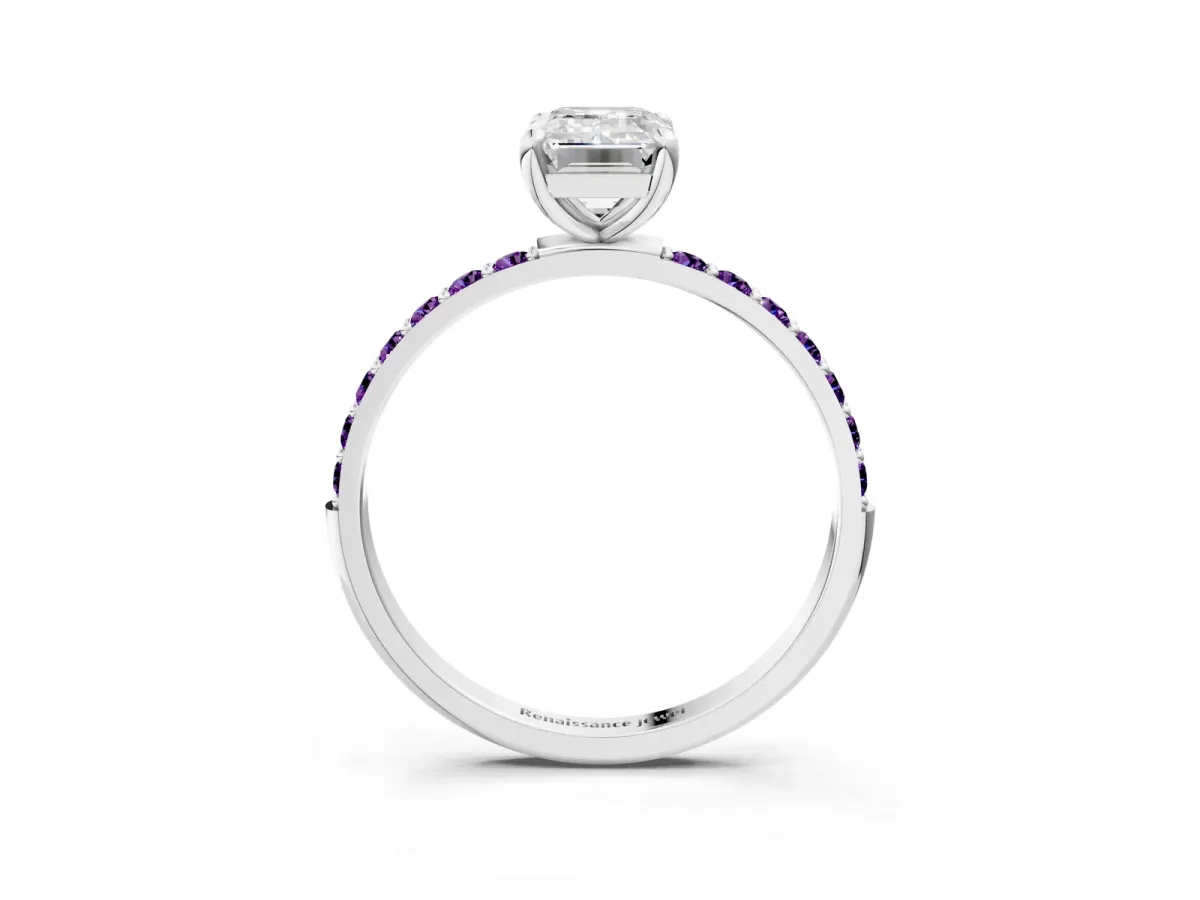 Emerald Cut Diamond Solitaire Ring with Round Amethyst Pavé Band and Prong Setting Platinum
