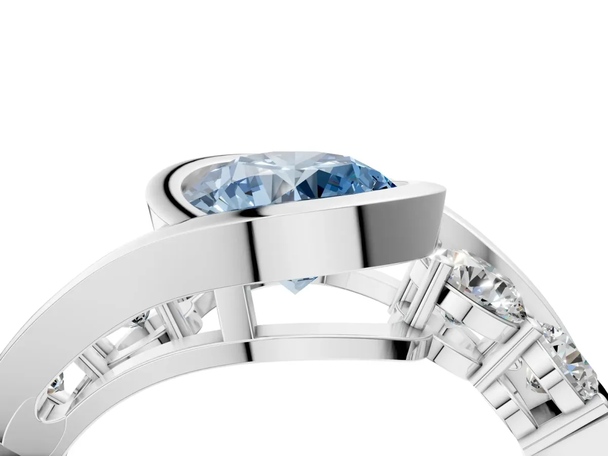 Fancy Blue Bezel Set Round Cut Diamond Bypass Ring with Round Accents Platinum