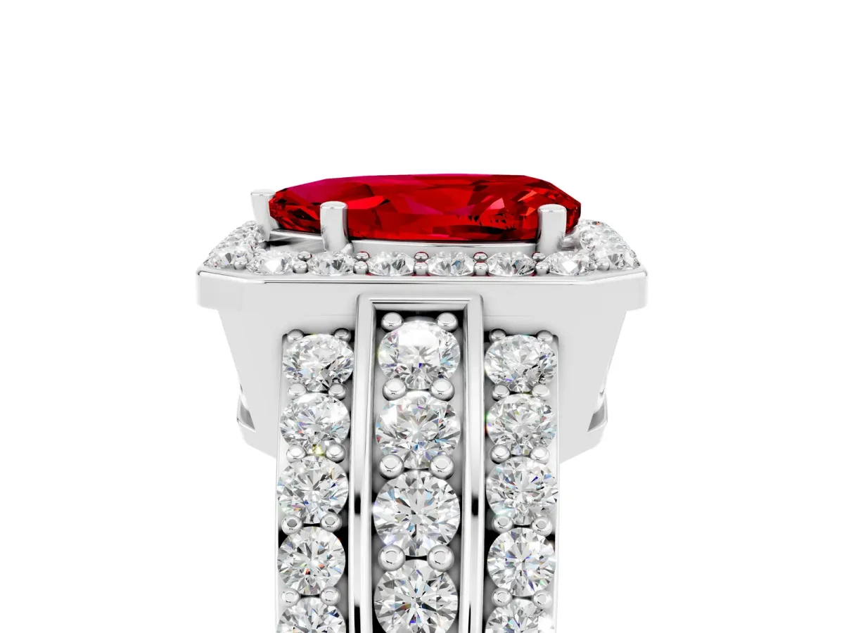 Pear Cut Halo Ruby Ring with Round Split Shank and Prong Setting Silver
