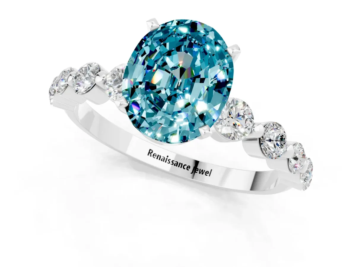 Oval Cut Solitaire Blue Topaz Ring with Pave Band and Four-Prong Setting Silver