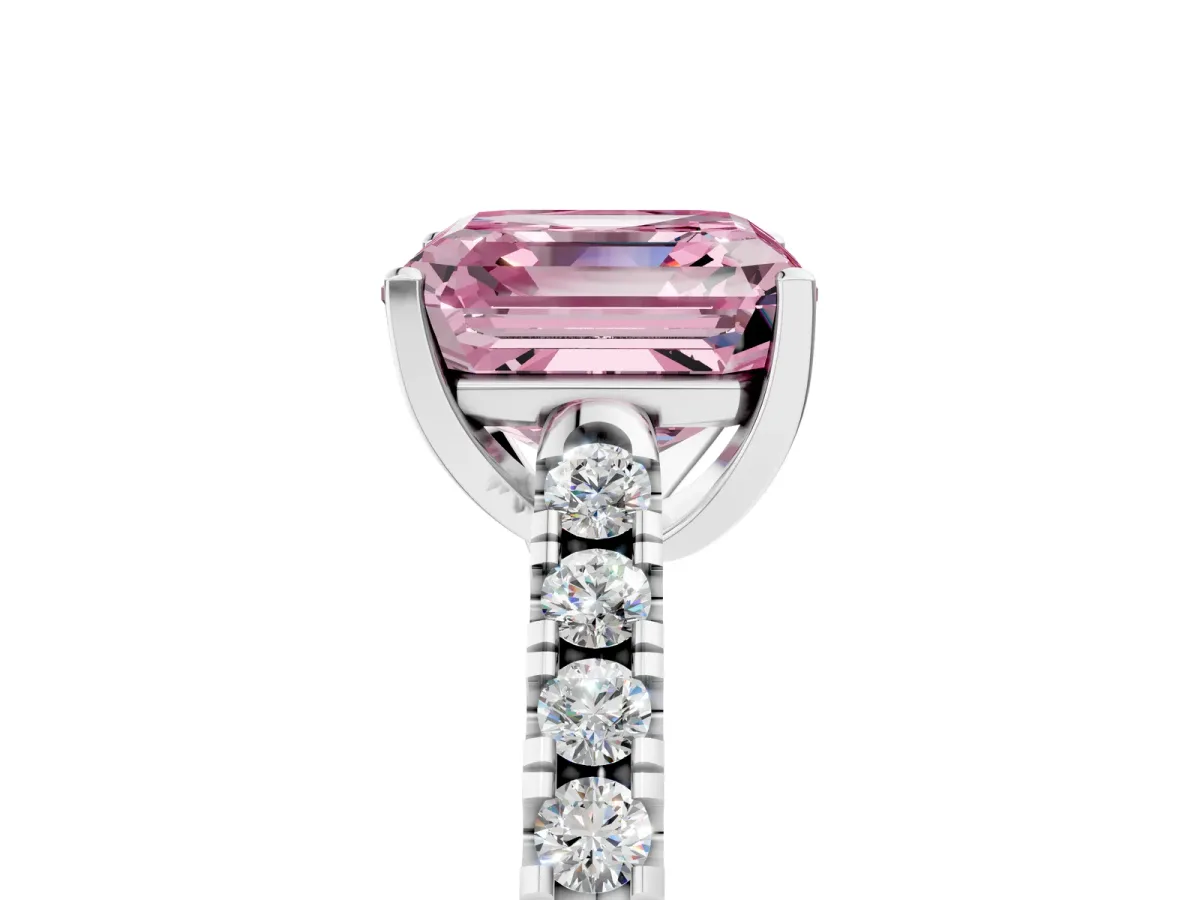 Fancy Pink Asscher Cut Diamond Pavé Band Solitaire Ring with Prong Setting Platinum