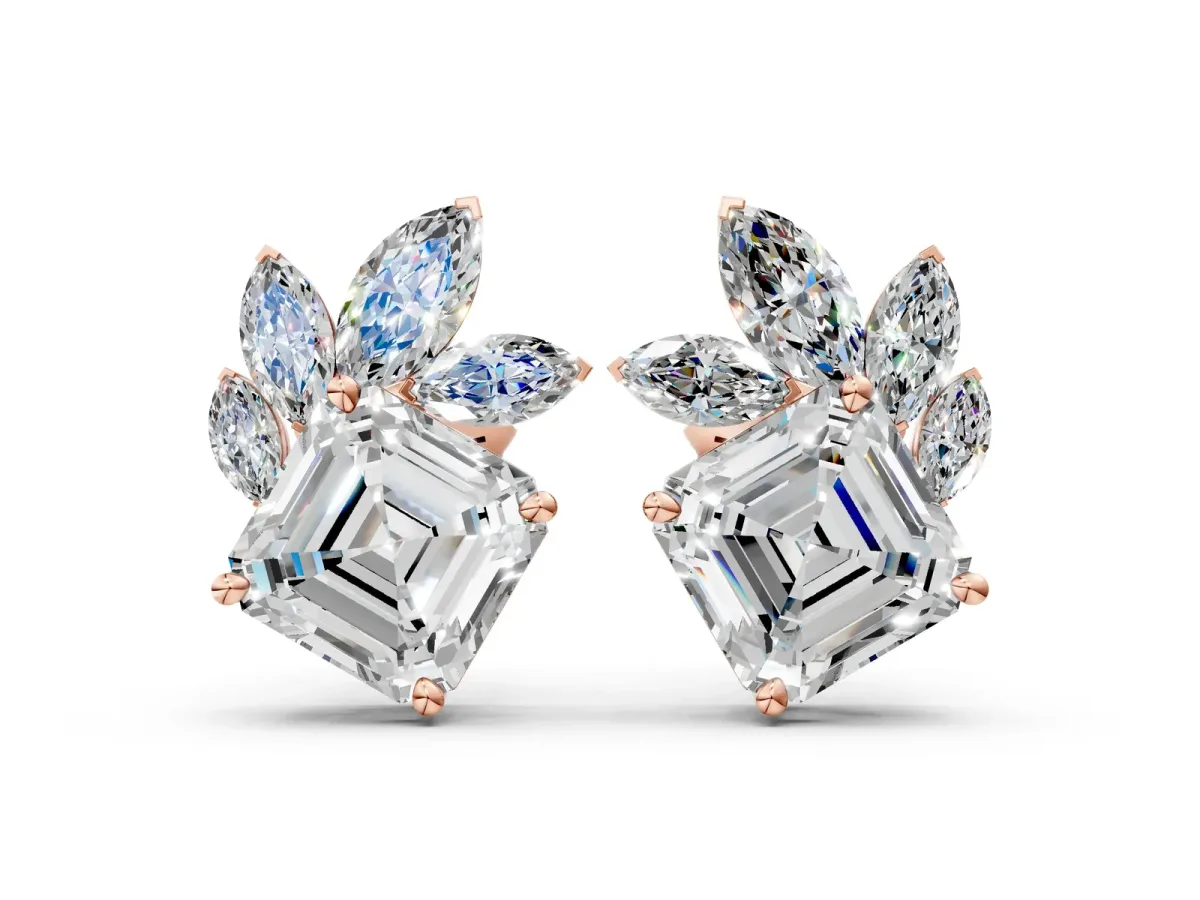Asscher and Marquise Diamond Cluster Stud Earrings Rose gold