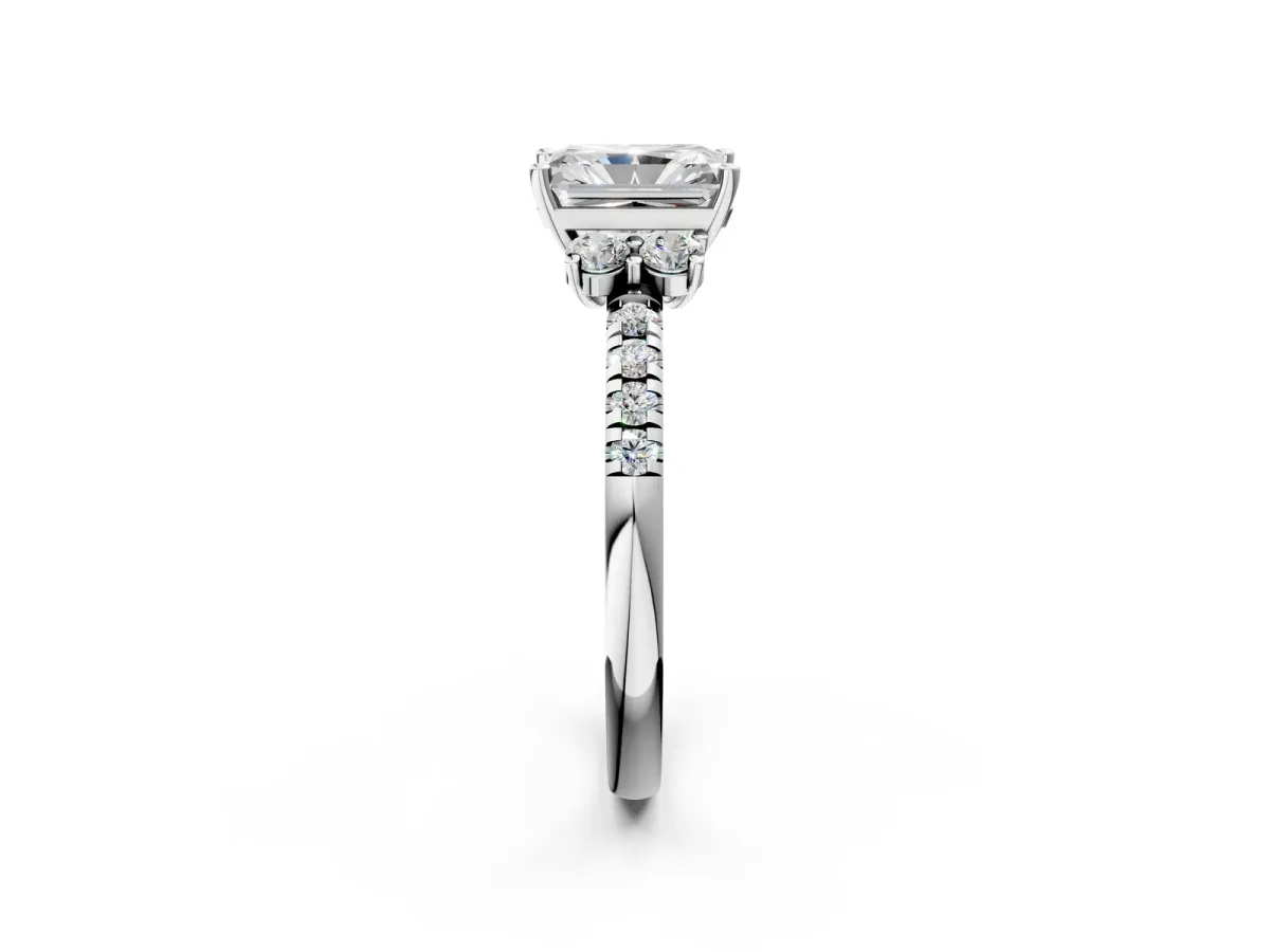 Radiant Cut Diamond Three-Stone Pave Band with Four-Prong Setting Platinum