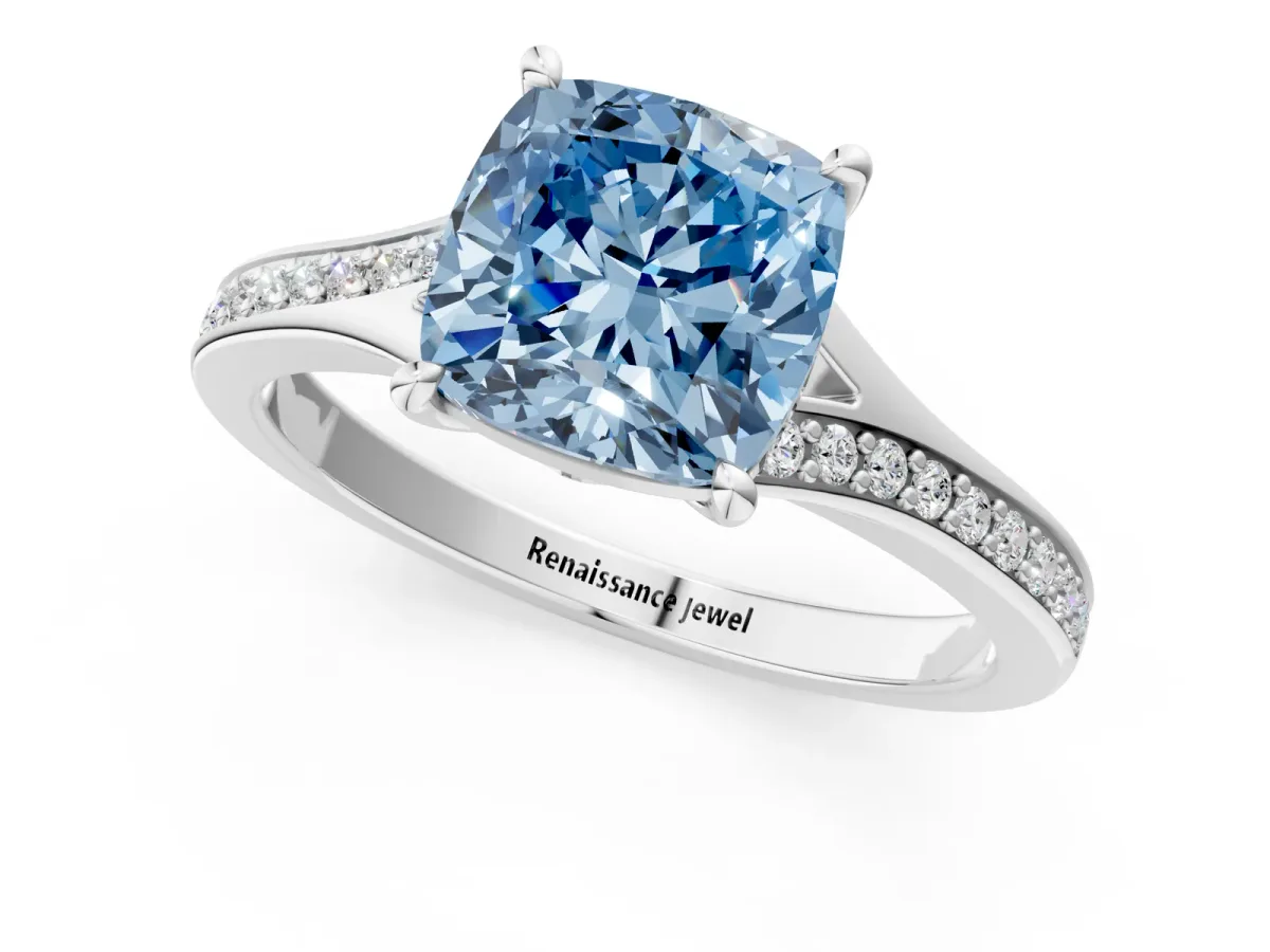 Fancy Blue Cushion Cut Diamond Solitaire Ring with Pavé Band and Prong Setting Silver