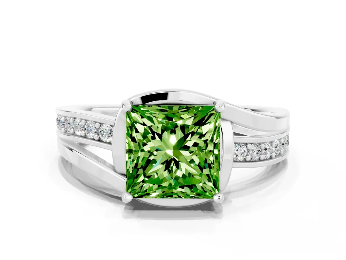 Princess Cut Peridot Solitaire Ring with Split Shank and Prong Setting Platinum