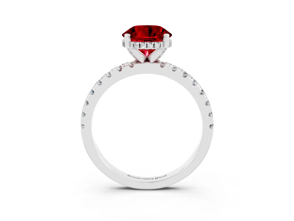 Round Cut Ruby Solitaire Ring with Round Pavé Band and Four-Prong Setting Platinum