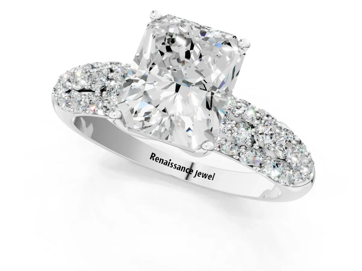 Radiant Cut Diamond Pavé Band Solitaire Ring with Four-Prong Setting Platinum
