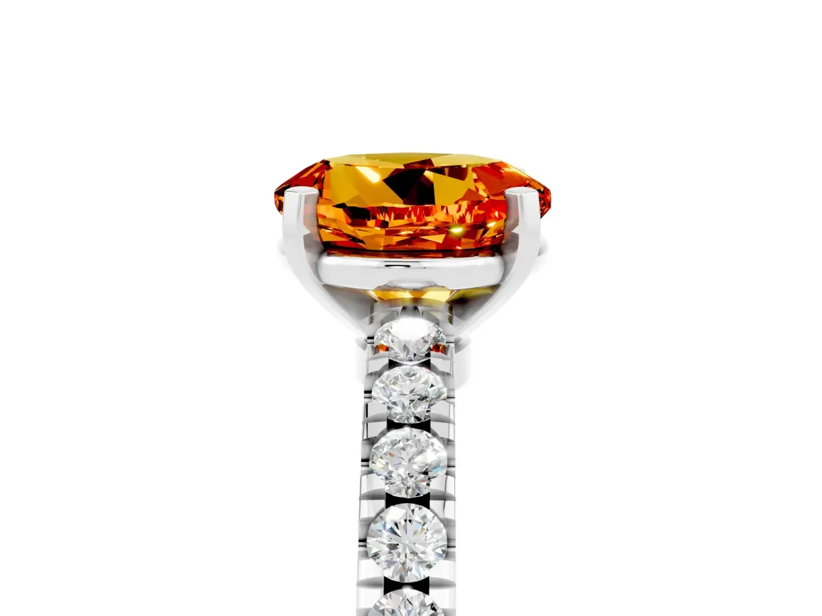 Round Cut Solitaire Citrine with Pavé Band and Four-Prong Setting Silver