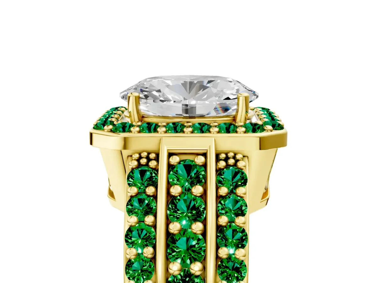 Oval Cut Halo Diamond Ring with Round Emerald Split Shank and Prong Setting Yellow gold