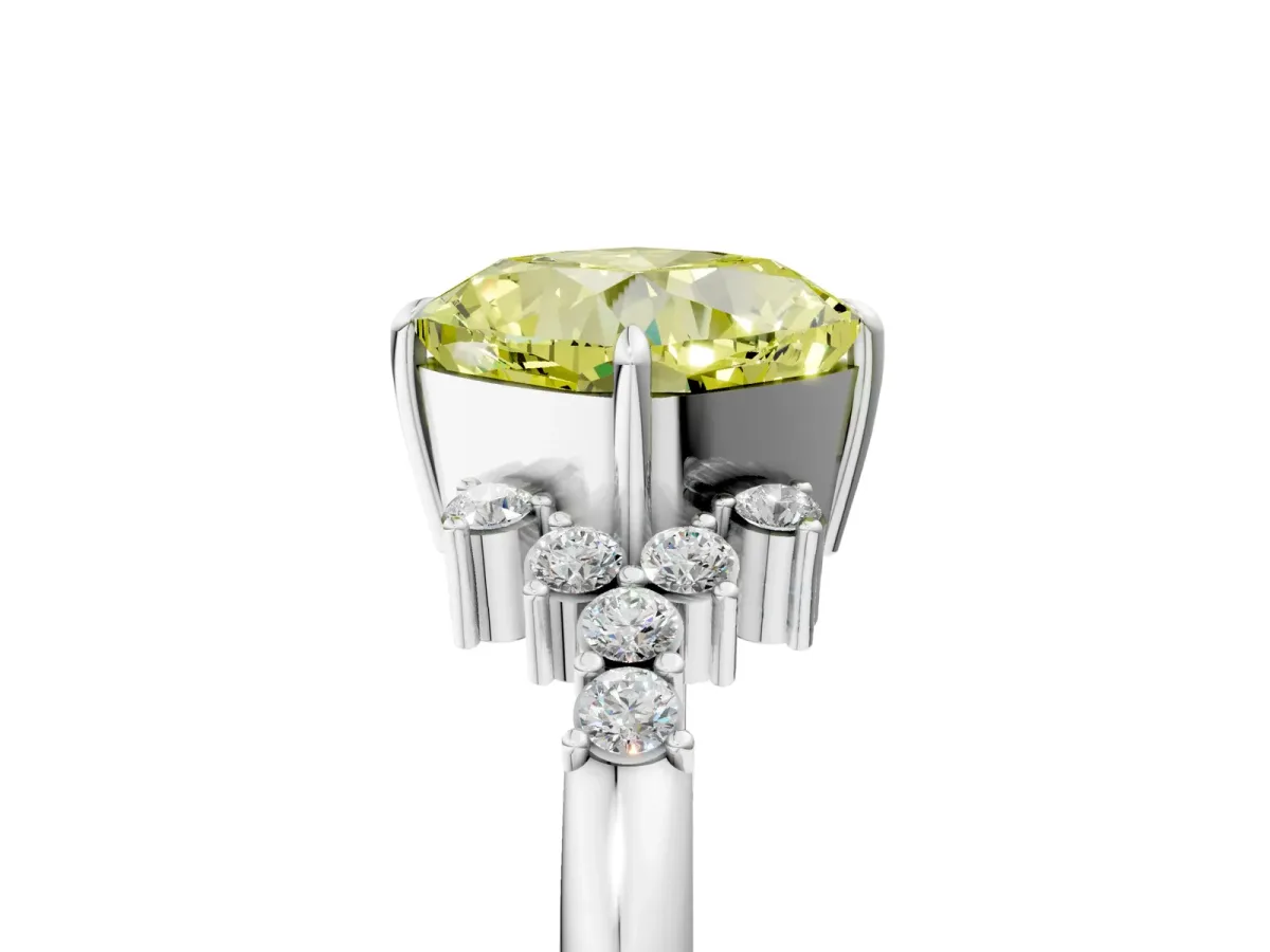 Fancy Yellow Cushion Cut Diamond Ring with Side Stones and Four-Prong Setting Silver