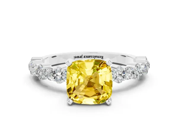 Cushion Cut Yellow Sapphire Side Stone Solitaire Ring with Round and Four-Prong Setting Platinum