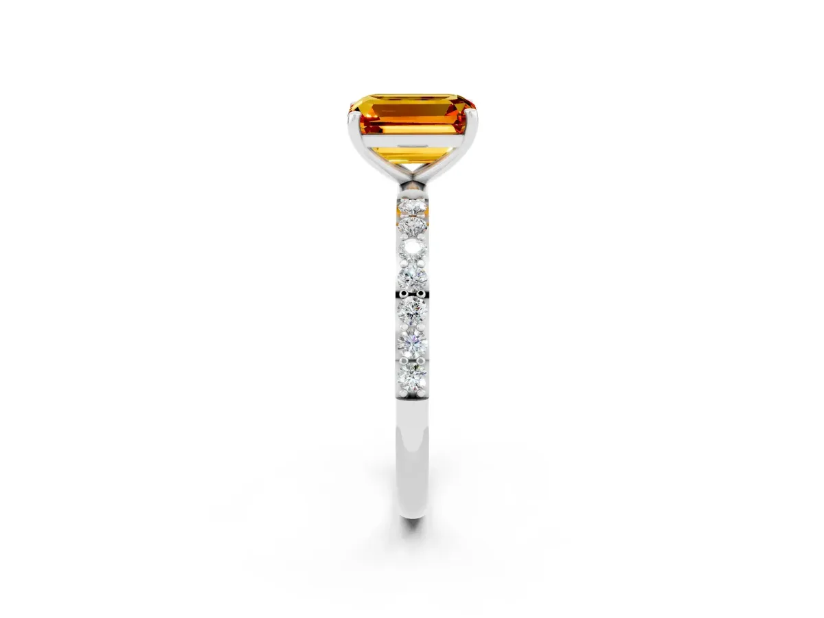 Emerald Cut Citrine Solitaire Ring with Round Pavé Shoulders and Prong Setting Silver