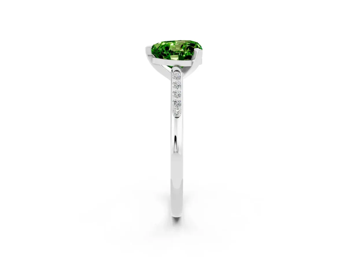 Heart Cut Peridot Solitaire Ring with Channel Set Round Band and Prong Setting Silver