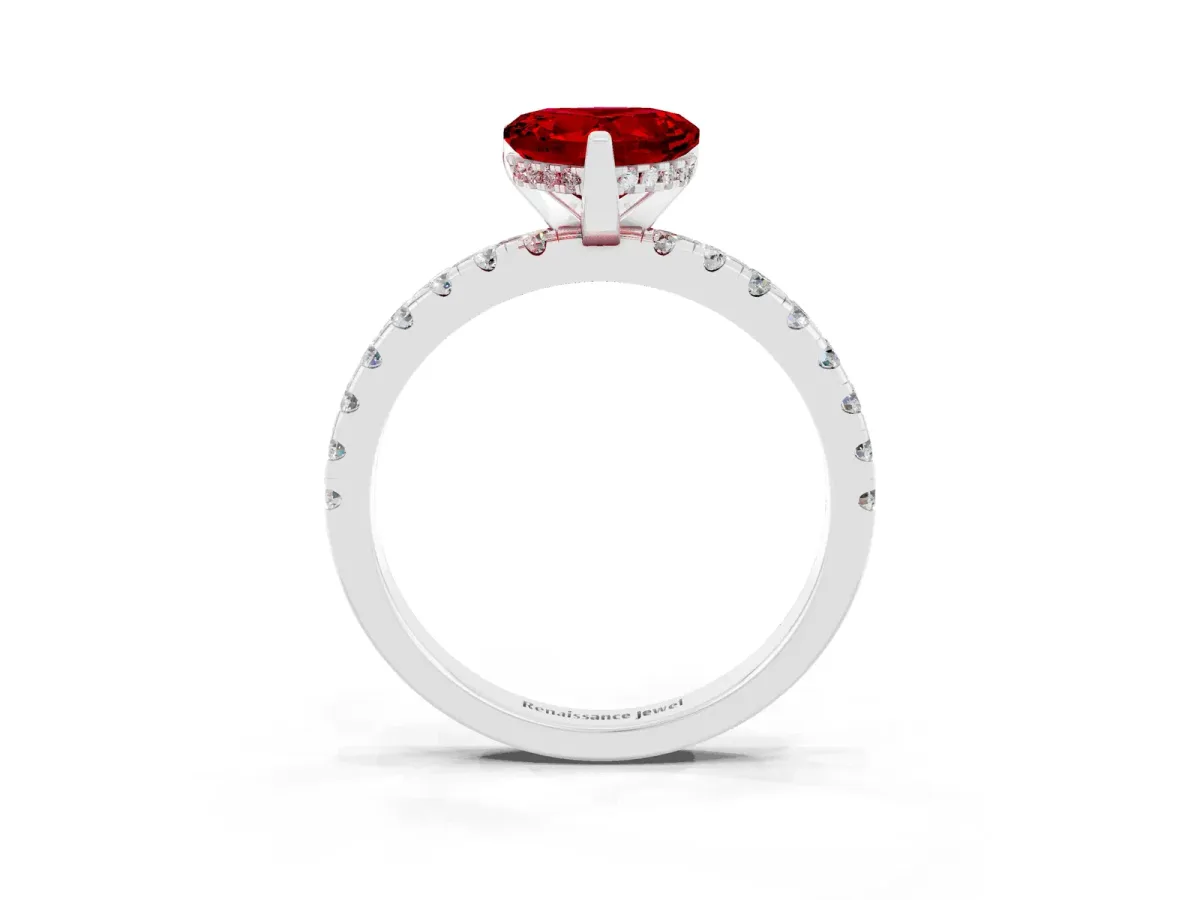 Heart Cut Ruby Solitaire Ring with Round Pavé Band and Four-Prong Setting Silver