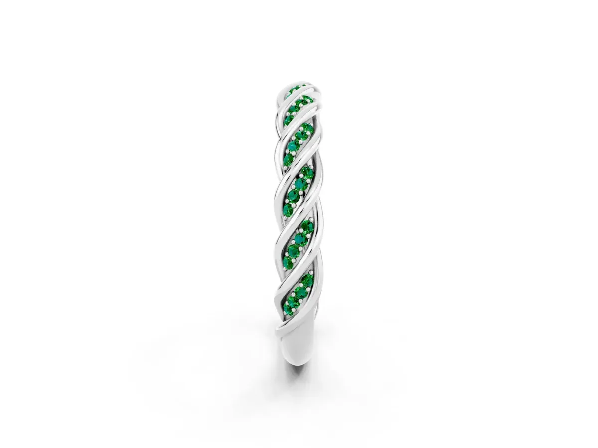 Twisted Pavé Round Emerald Eternity Band with Shared Prong Setting Silver