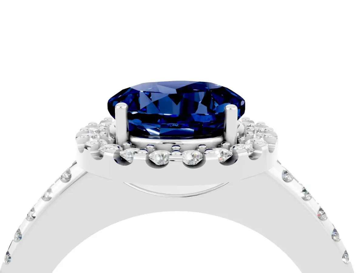 Round Cut Blue Sapphire Pavé Halo Ring with Four-Prong Setting Platinum