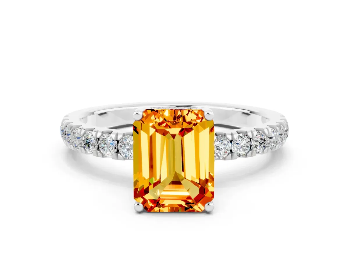 Emerald Cut Citrine Pave Band Solitaire Ring with Round and Prong Setting Platinum