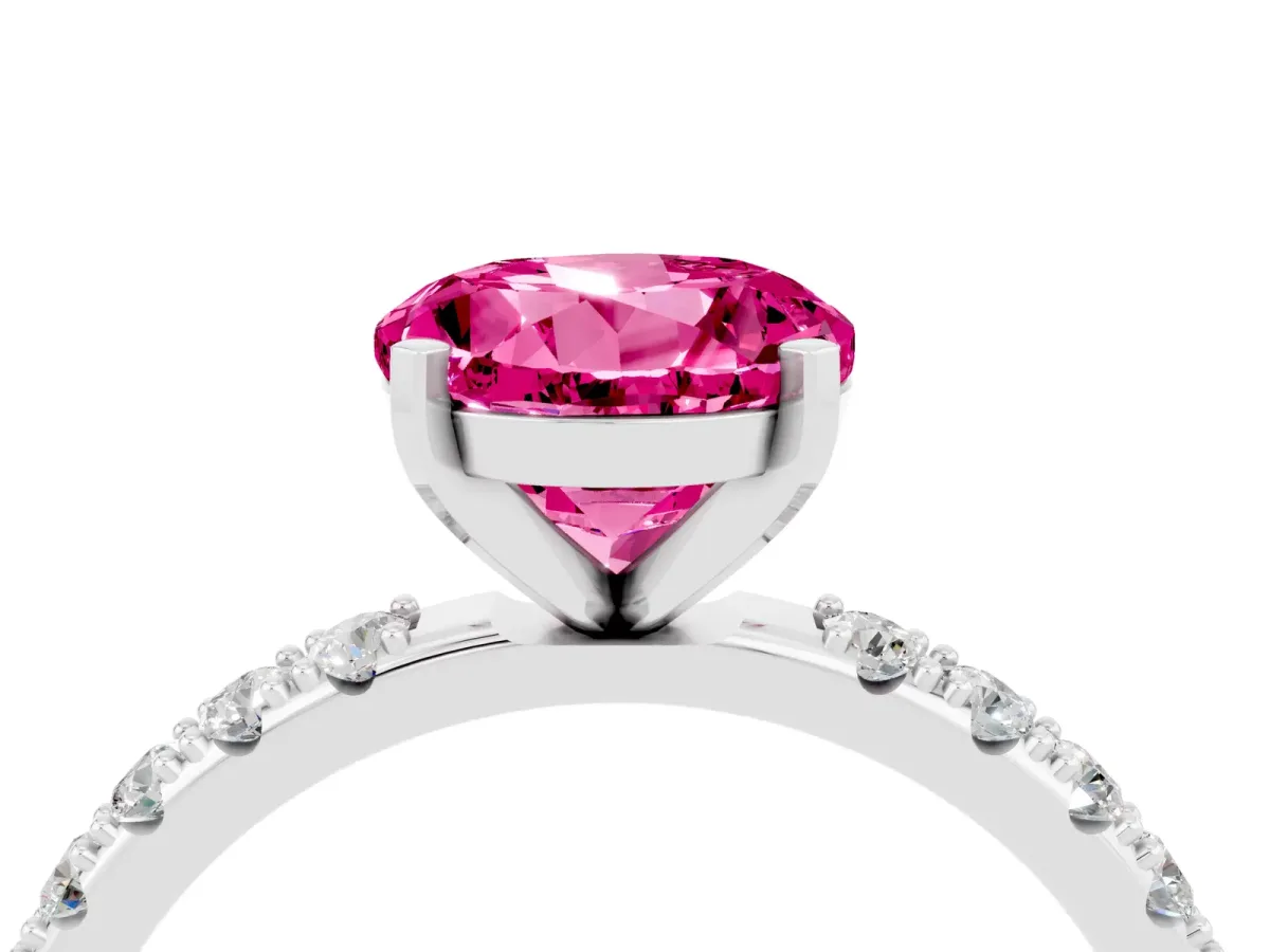 Round Cut Pink Sapphire Solitaire Pavé Band with Four-Prong Setting Silver