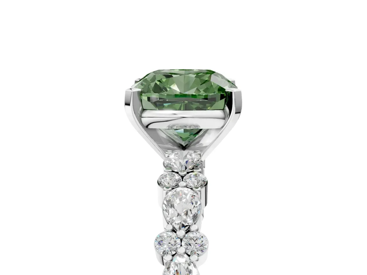 Fancy Green Cushion Cut Diamond Side Stone Solitaire Ring with Round and Four-Prong Setting Platinum