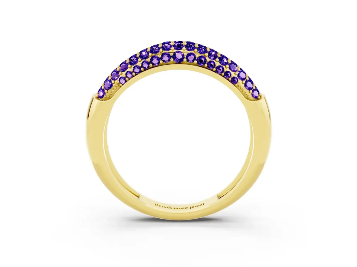 Three-Row Pavé Round Tanzanite Dome Band Yellow gold