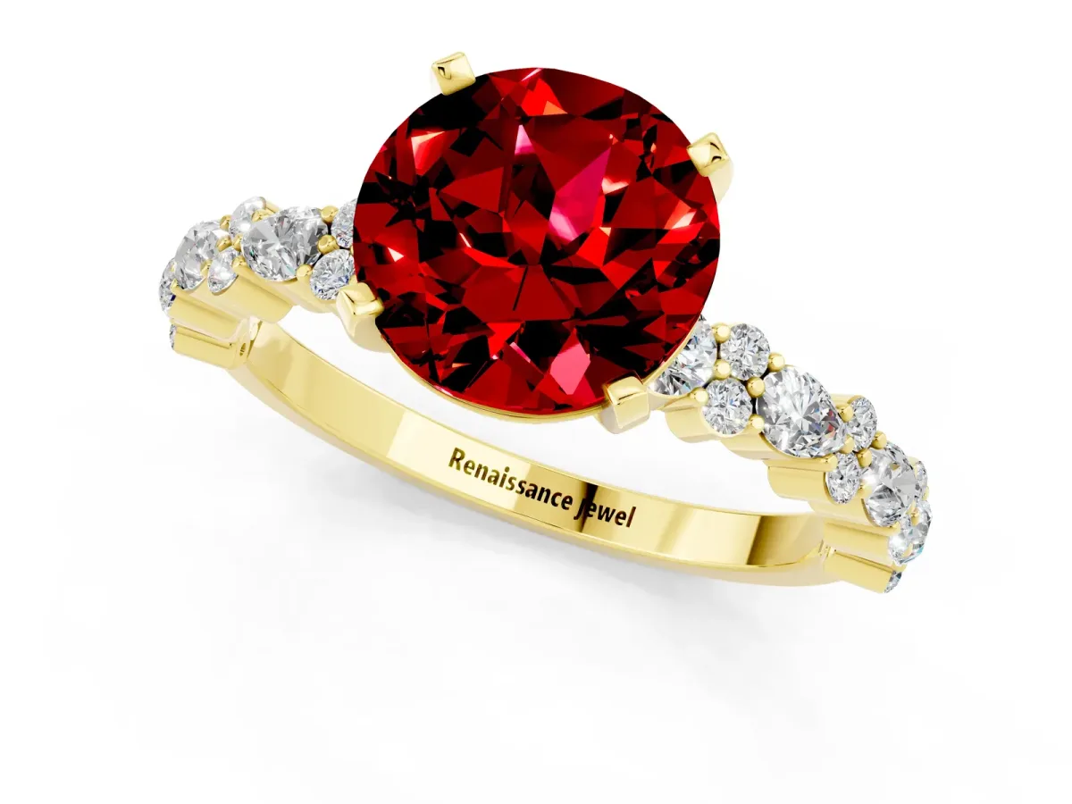 Round Cut Ruby Side Stone Solitaire Ring with Round and Four-Prong Setting Yellow gold