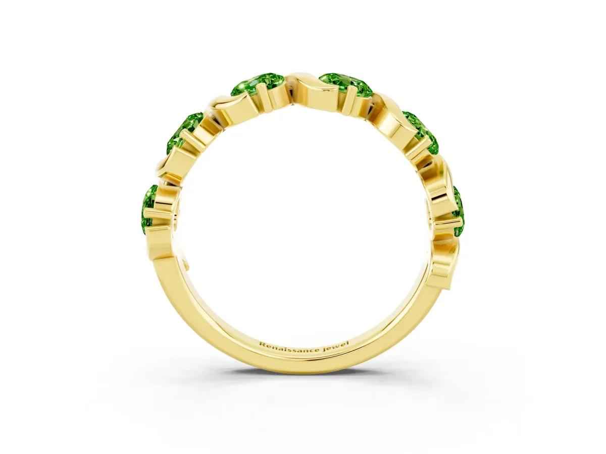 Round Peridot Half Eternity Band with Wave Prong Setting Yellow gold