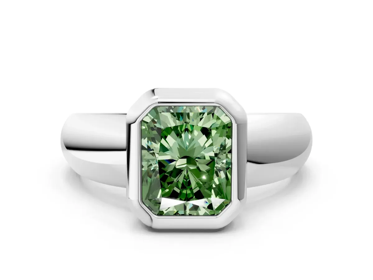Fancy Green Bezel Set Radiant Cut Solitaire Ring with Wide Band Platinum