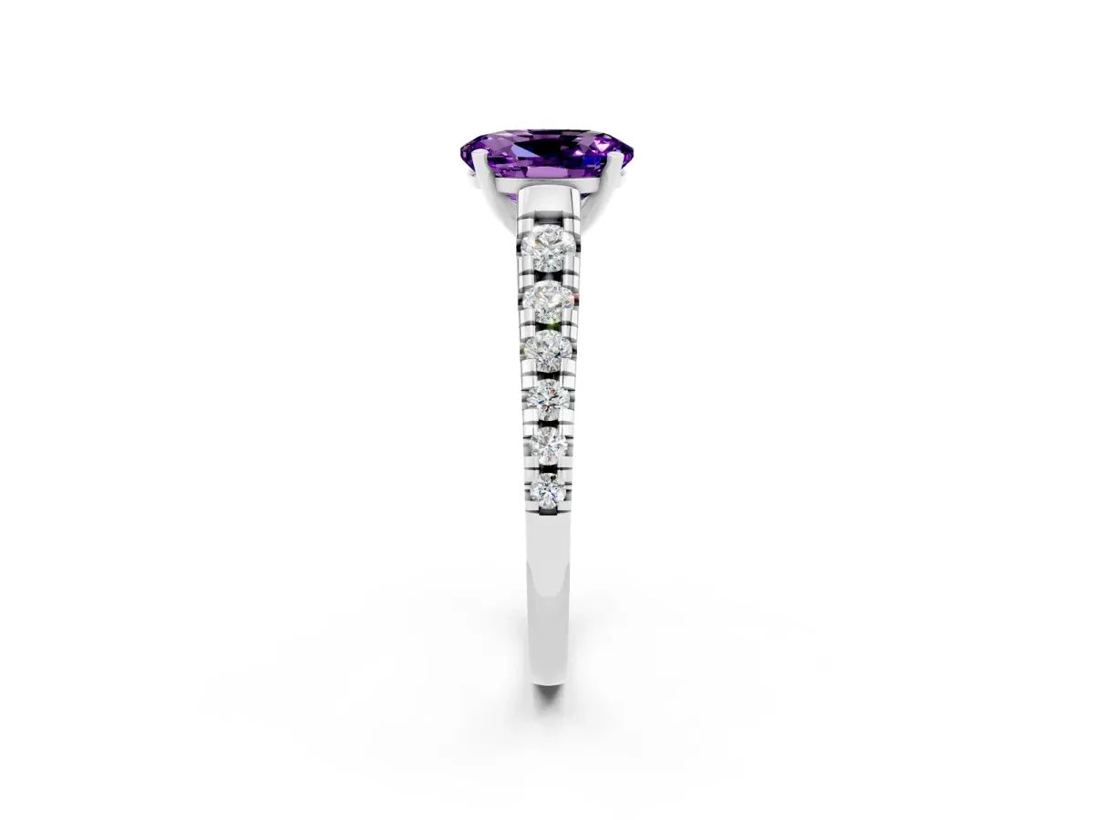 Oval Cut Amethyst Cathedral Solitaire Ring with Round Pavé Band Silver