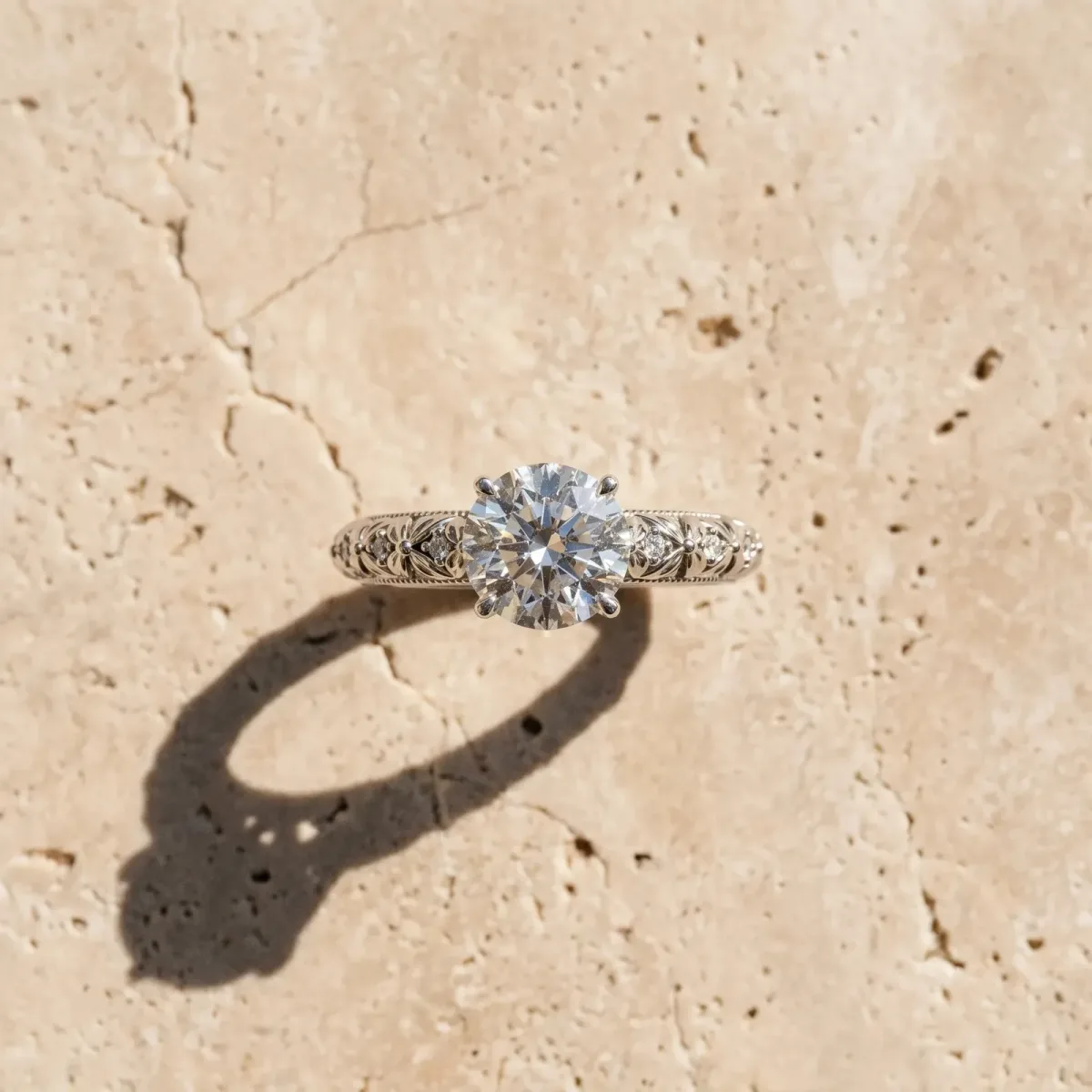 Round Cut Solitaire Floral Milgrain Engagement Ring Silver