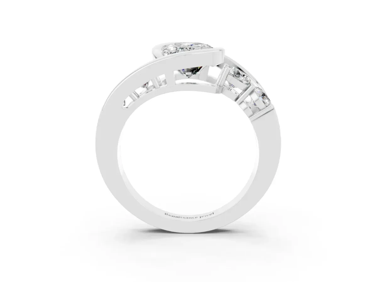 Bezel Set Oval Cut Moissanite Bypass Ring with Round Accents Silver