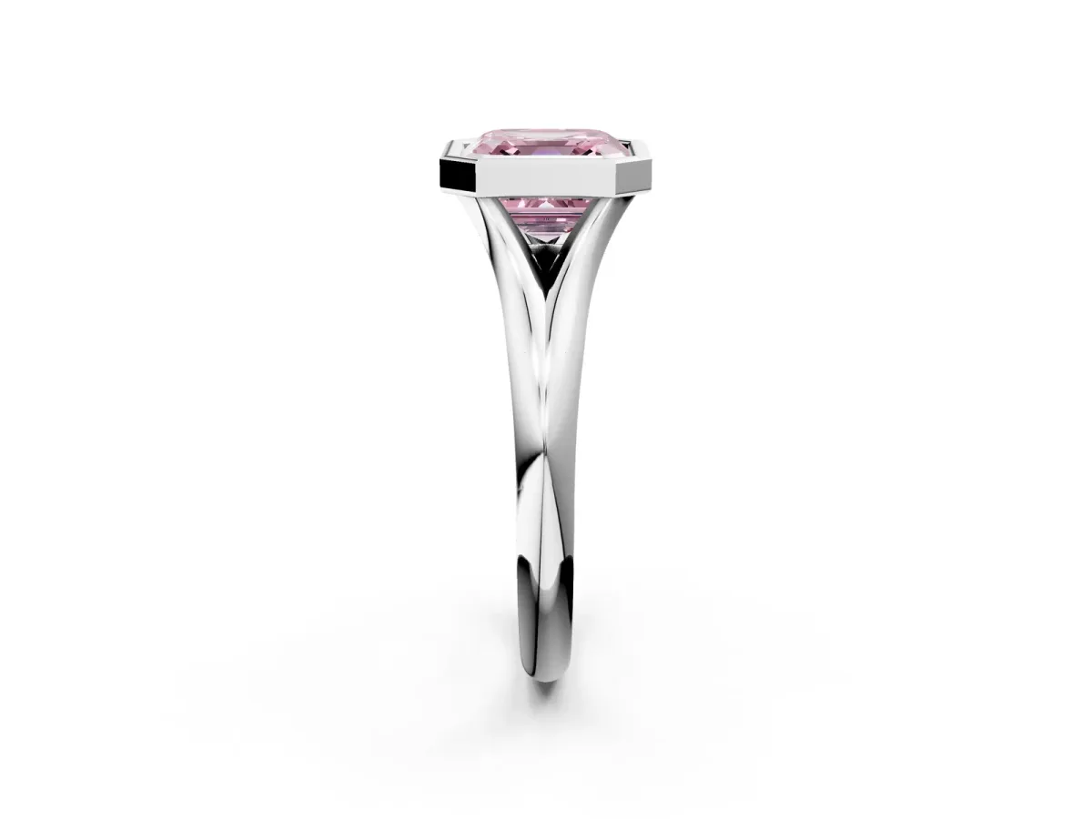 Fancy Pink Bezel Set Asscher Cut Solitaire Diamond Ring with Smooth Band Platinum