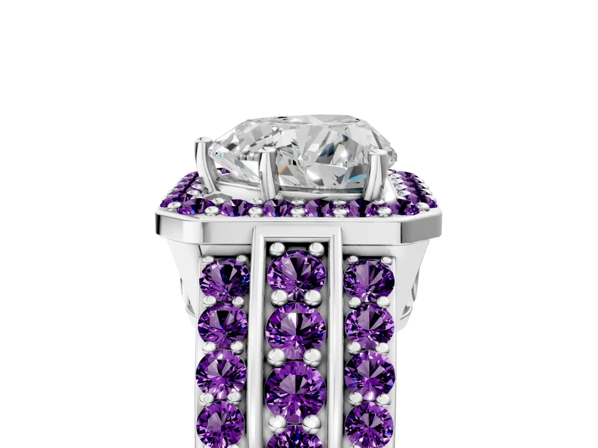 Heart Cut Halo Diamond Ring with Round Amethyst Split Shank and Prong Setting Platinum