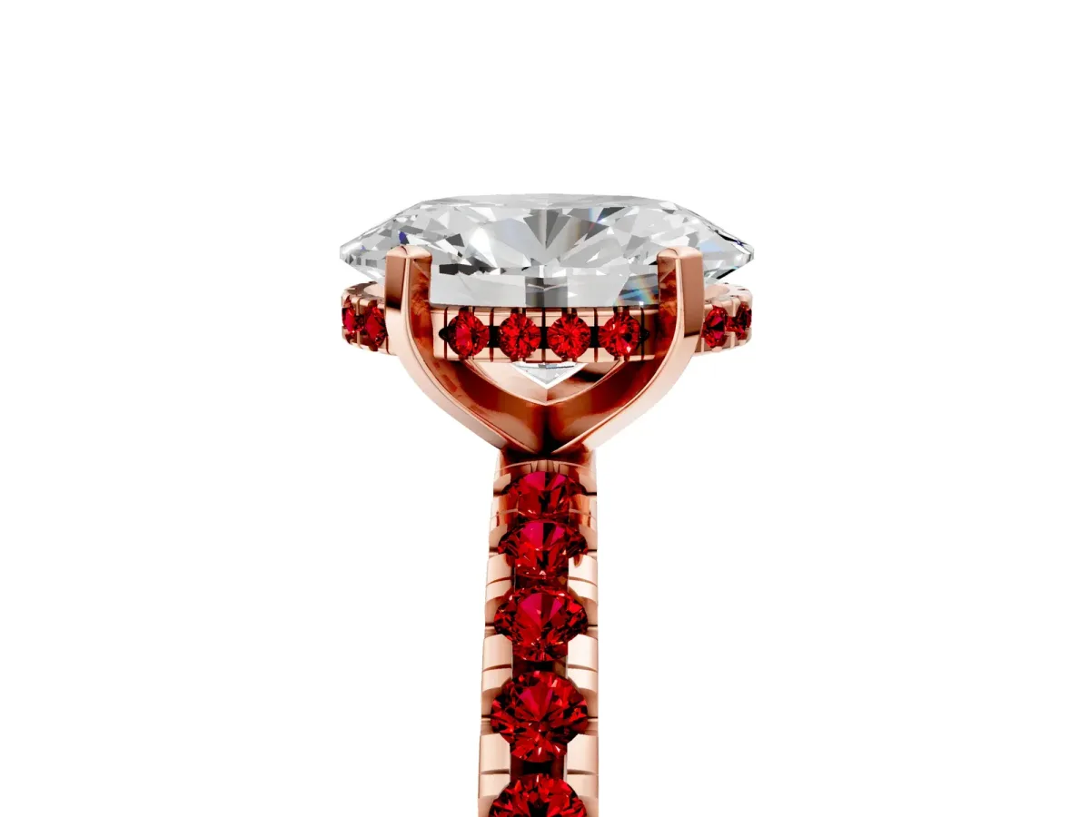 Oval Cut Diamond Solitaire Ring with Round Ruby Pavé Band and Four-Prong Setting Rose gold